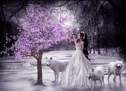 +female+woman+lady+and+wolves+with+a+blossom+tree+s+ clipart