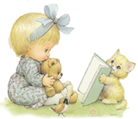 +children+girl+reading+book+with+kitten+and+teddy++ clipart